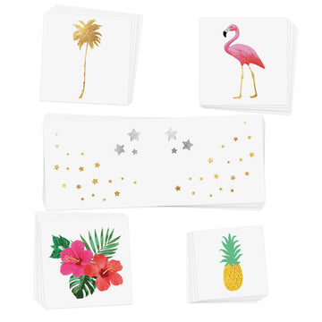 Throw the pool party of the year with the 'Summer Lovin Variety Set. Featuring 25 colorful and metallic temporary tattoos! Five assorted tattoo styles: gold palm tree, flamingo, starry face jewel, hibiscus flower, pineapple